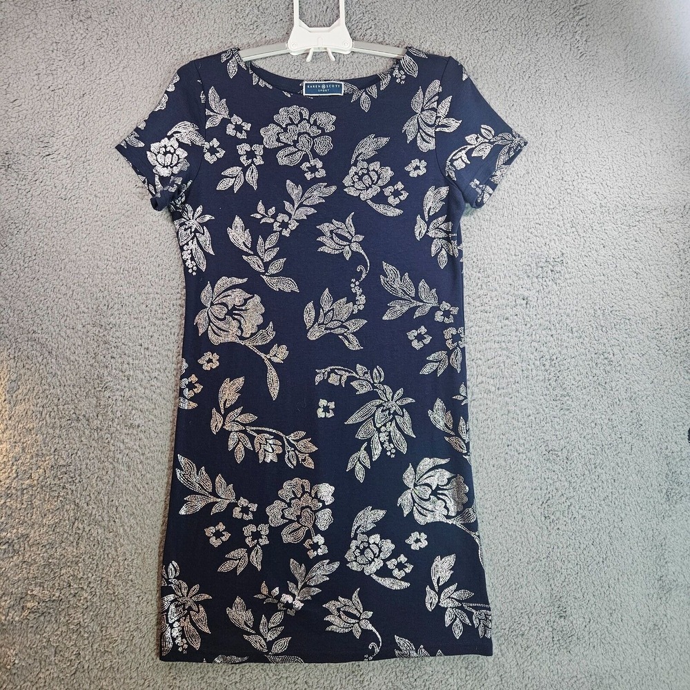 Karen Scott Sport Dress Size PM Glitter‎ Floral Short Stretch Navy Blue Casual